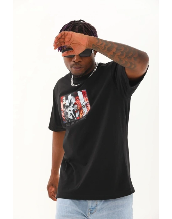 Oversize Baskılı Bisiklet Yaka T-Shirt - Siyah -