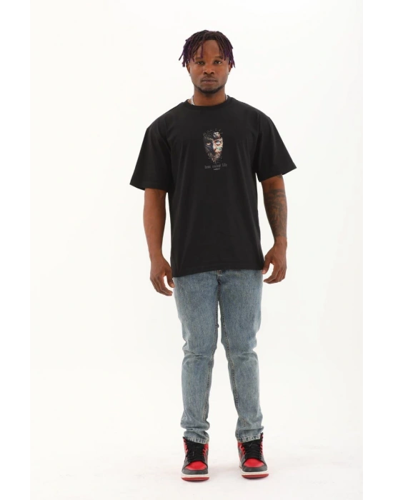 Oversize Baskılı Bisiklet Yaka T-Shirt - Siyah -