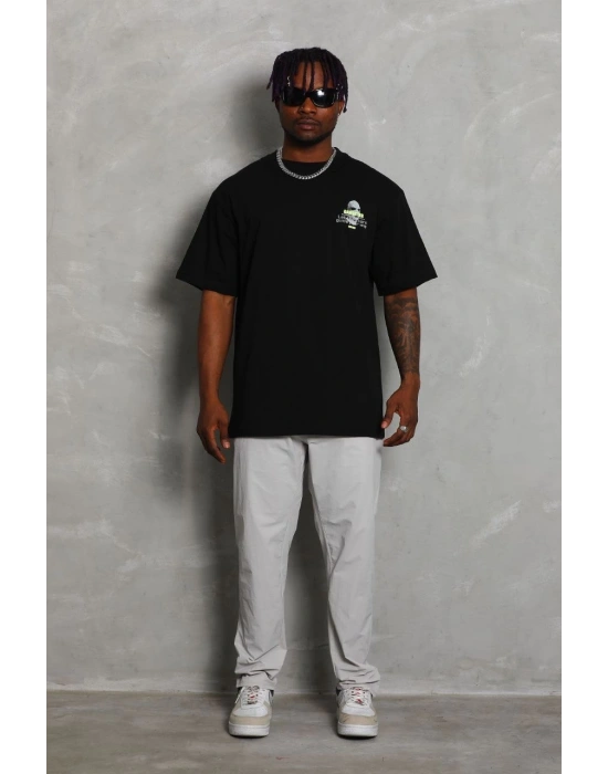 Oversize Baskılı Bisiklet Yaka T-Shirt - Siyah -