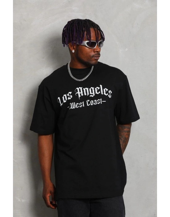 Oversize Baskılı Bisiklet Yaka T-Shirt - Siyah -