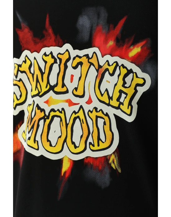 Oversize Baskılı Bisiklet Yaka T-Shirt - Siyah -