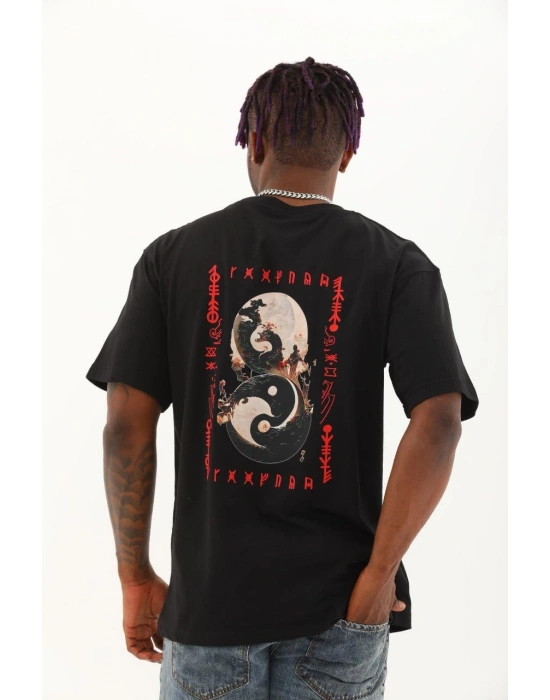 Oversize Baskılı Bisiklet Yaka T-Shirt - Siyah -