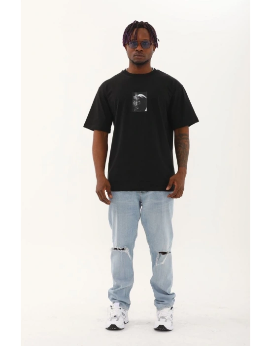 Oversize Baskılı Bisiklet Yaka T-Shirt - Siyah -