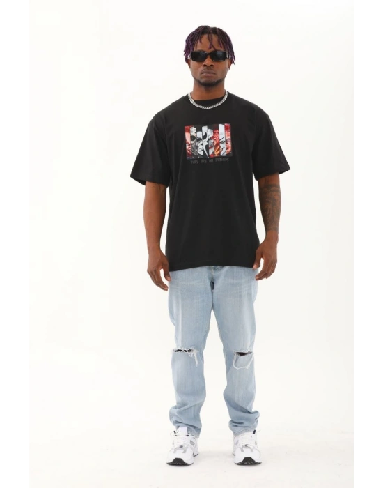 Oversize Baskılı Bisiklet Yaka T-Shirt - Siyah -