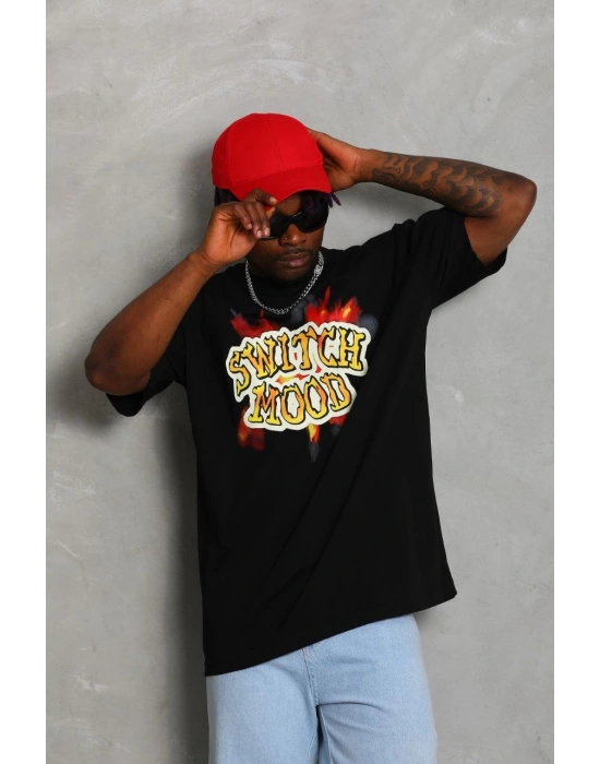 Oversize Baskılı Bisiklet Yaka T-Shirt - Siyah -