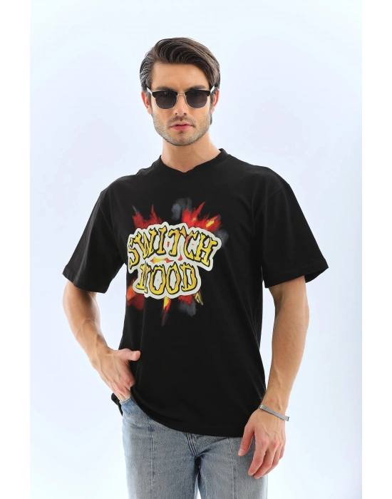 Oversize Baskılı Bisiklet Yaka T-Shirt - Siyah -