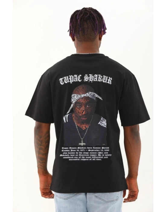 Oversize Baskılı Bisiklet Yaka T-Shirt - Siyah -