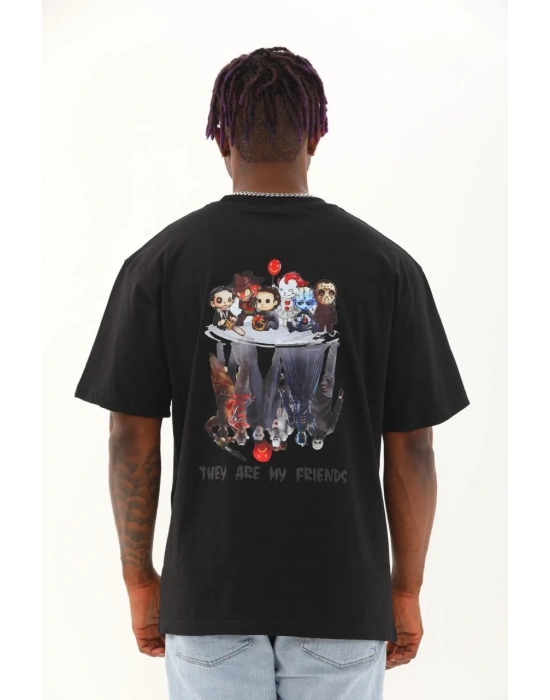 Oversize Baskılı Bisiklet Yaka T-Shirt - Siyah -