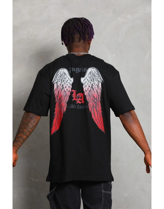 Oversize Baskılı Bisiklet Yaka T-Shirt - Siyah -