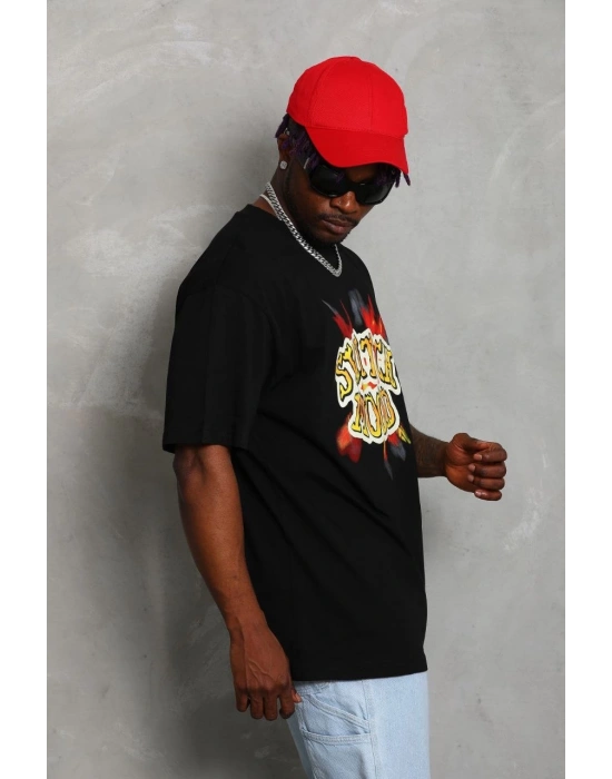 Oversize Baskılı Bisiklet Yaka T-Shirt - Siyah -