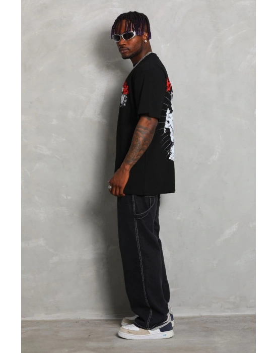 Oversize Baskılı Bisiklet Yaka T-Shirt - Siyah -