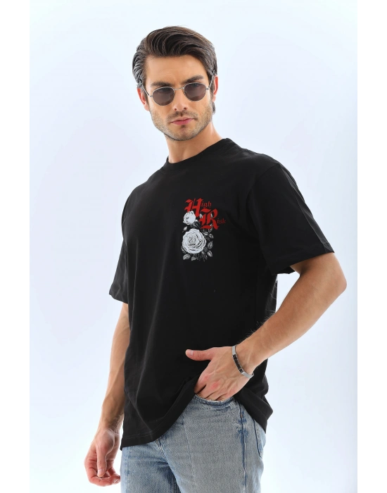 Oversize Baskılı Bisiklet Yaka T-Shirt - Siyah -