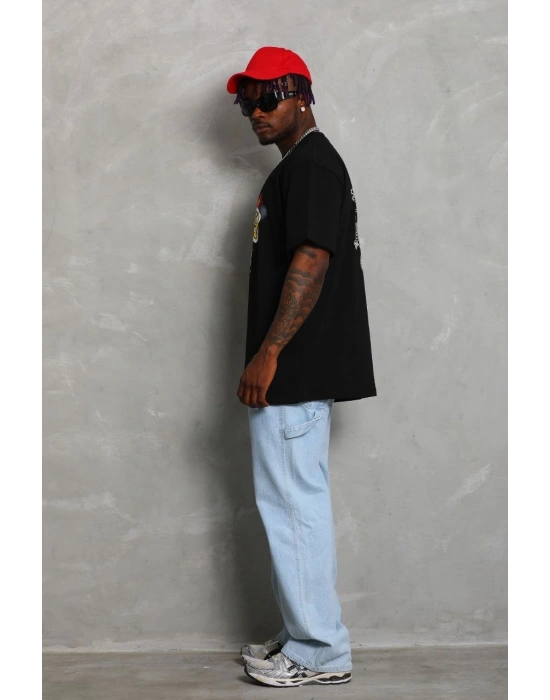 Oversize Baskılı Bisiklet Yaka T-Shirt - Siyah -