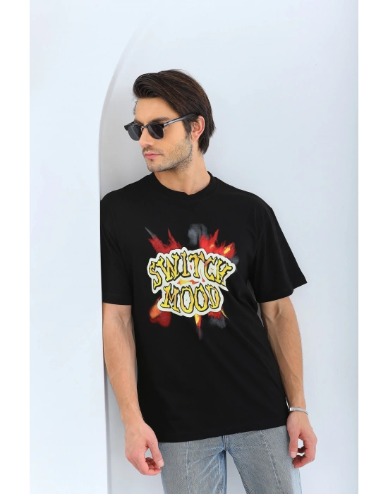 Oversize Baskılı Bisiklet Yaka T-Shirt - Siyah -