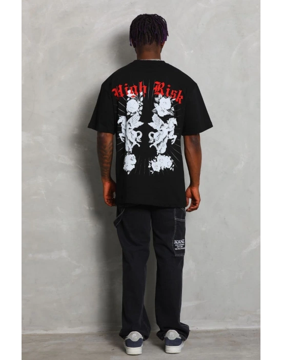 Oversize Baskılı Bisiklet Yaka T-Shirt - Siyah -