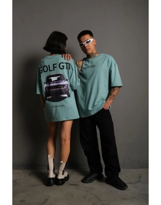 Oversize Baskılı Tişört – Golf GTI Retro Araba Desenli,-Mint Yeşili -