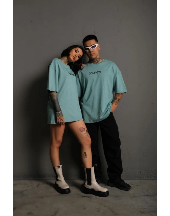 Oversize Baskılı Tişört – Golf GTI Retro Araba Desenli,-Mint Yeşili -