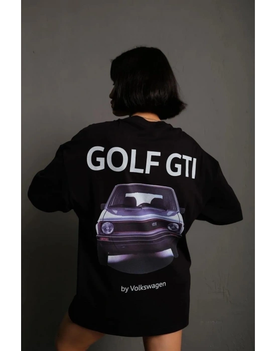 Oversize Baskılı Tişört – Golf GTI Retro Araba Desenli,  Siyah -