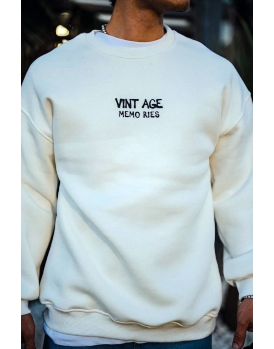 Oversize Bisiklet Yaka Üç İplik Baskılı SweatShirt - Beyaz -