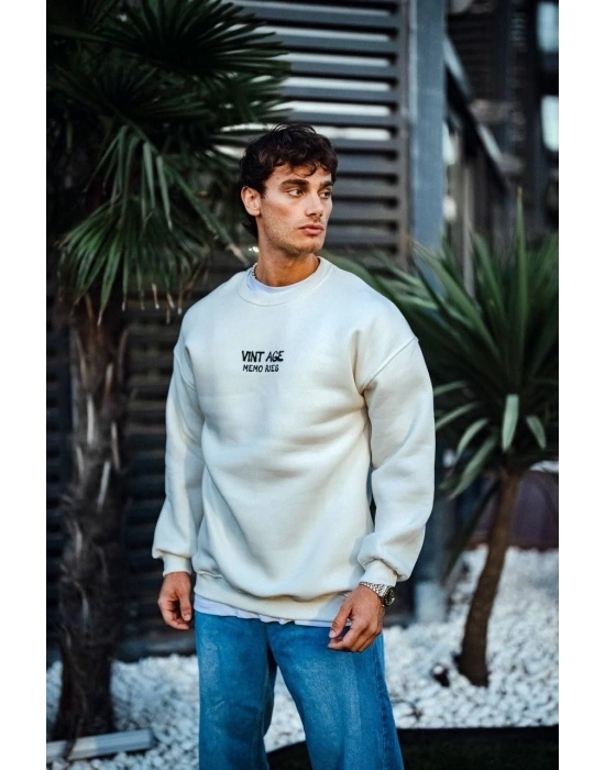 Oversize Bisiklet Yaka Üç İplik Baskılı SweatShirt - Beyaz -