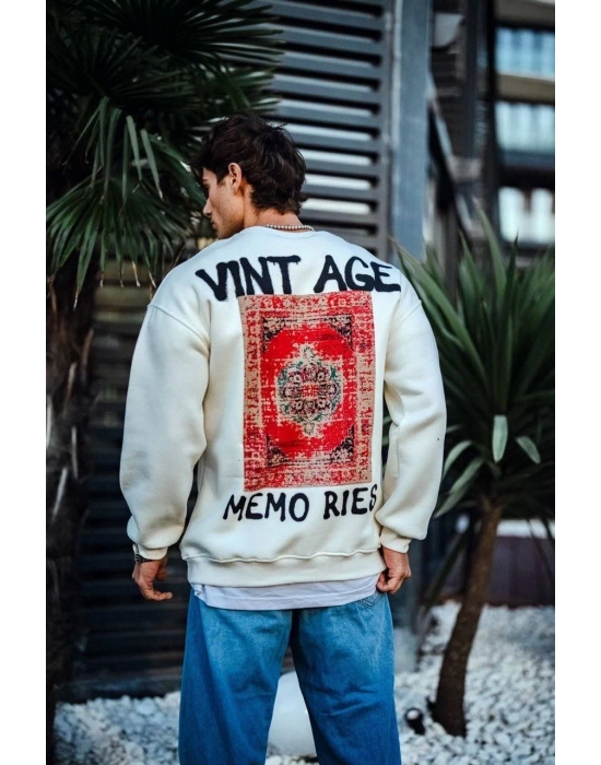 Oversize Bisiklet Yaka Üç İplik Baskılı SweatShirt - Beyaz -