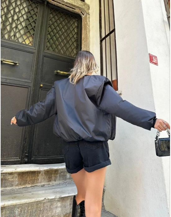 Oversize Bomber Ceket – Siyah, Fermuarlı, Sokak Modası Tarzı Mont - Siyah -