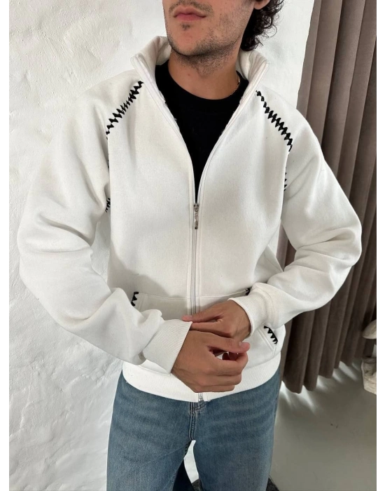 Oversize Dik Yaka Fermuarlı Sweatshirt - Zincir Nakışli Kanguru Cepli - Beyaz -