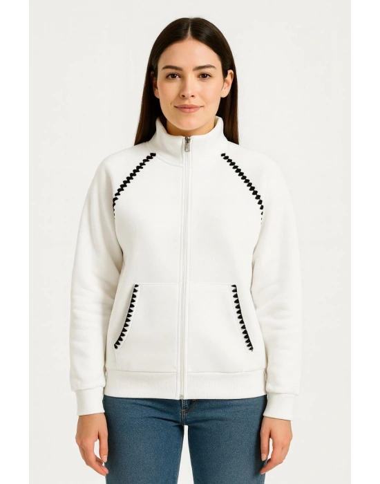 Oversize Dik Yaka Fermuarlı Sweatshirt - Zincir Nakışli Kanguru Cepli, - Beyaz -