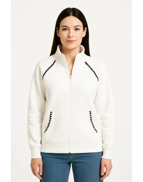 Oversize Dik Yaka Fermuarlı Sweatshirt - Zincir Nakışli Kanguru Cepli, - Beyaz -