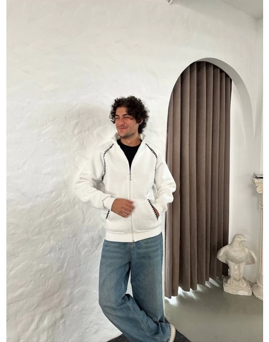 Oversize Dik Yaka Fermuarlı Sweatshirt - Zincir Nakışli Kanguru Cepli - Beyaz -