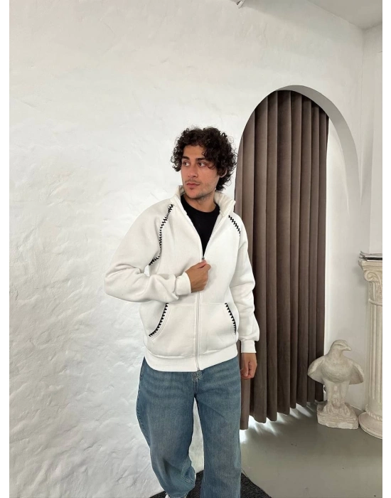 Oversize Dik Yaka Fermuarlı Sweatshirt - Zincir Nakışli Kanguru Cepli - Beyaz -