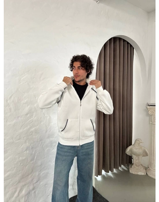Oversize Dik Yaka Fermuarlı Sweatshirt - Zincir Nakışli Kanguru Cepli - Beyaz -