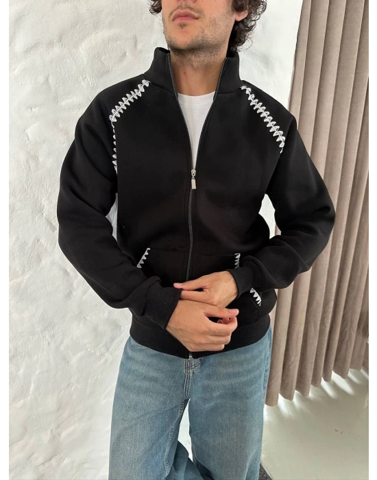 Oversize Dik Yaka Fermuarlı Sweatshirt - Zincir Nakışli Kanguru Cepli - Siyah -