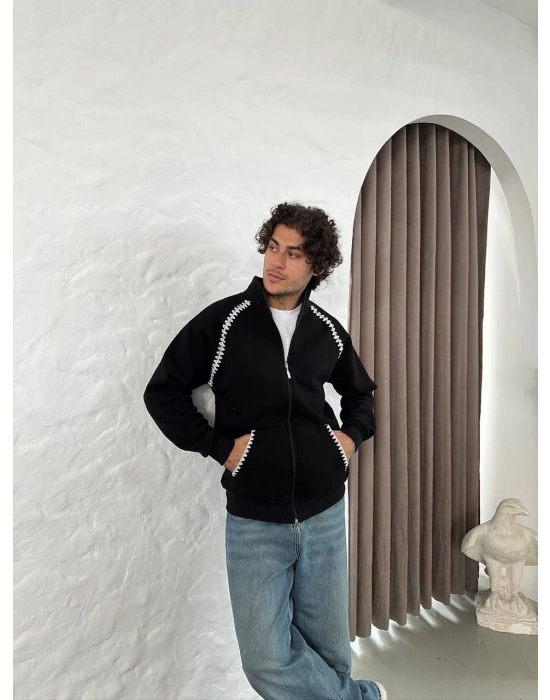Oversize Dik Yaka Fermuarlı Sweatshirt - Zincir Nakışli Kanguru Cepli - Siyah -