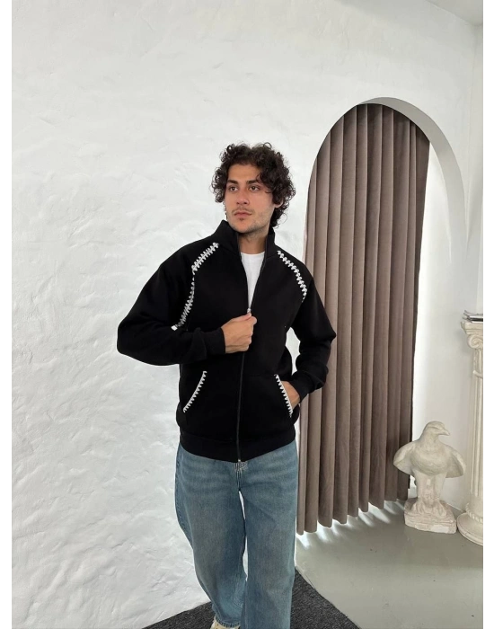 Oversize Dik Yaka Fermuarlı Sweatshirt - Zincir Nakışli Kanguru Cepli - Siyah -