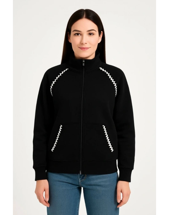 Oversize Dik Yaka Fermuarlı Sweatshirt - Zincir Nakışli Kanguru Cepli, - Siyah -