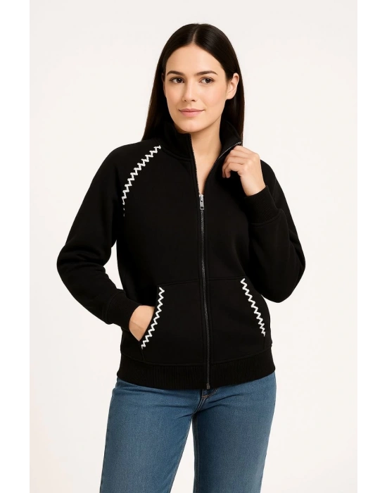 Oversize Dik Yaka Fermuarlı Sweatshirt - Zincir Nakışli Kanguru Cepli, - Siyah -