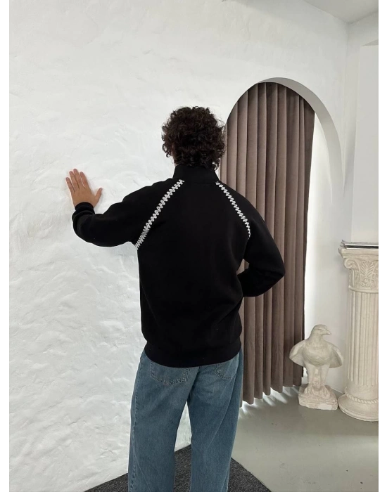 Oversize Dik Yaka Fermuarlı Sweatshirt - Zincir Nakışli Kanguru Cepli - Siyah -