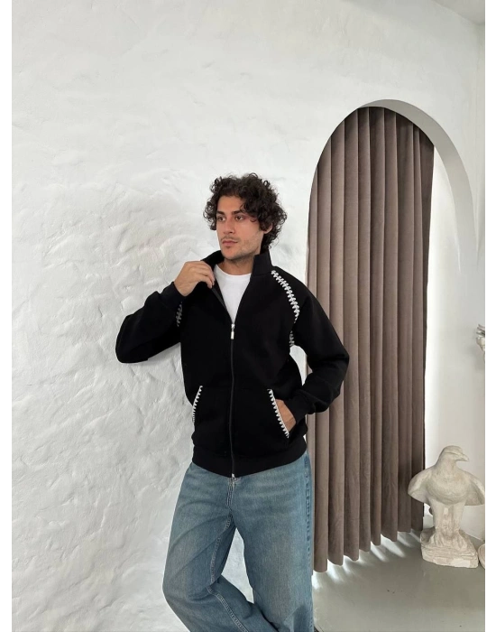 Oversize Dik Yaka Fermuarlı Sweatshirt - Zincir Nakışli Kanguru Cepli - Siyah -