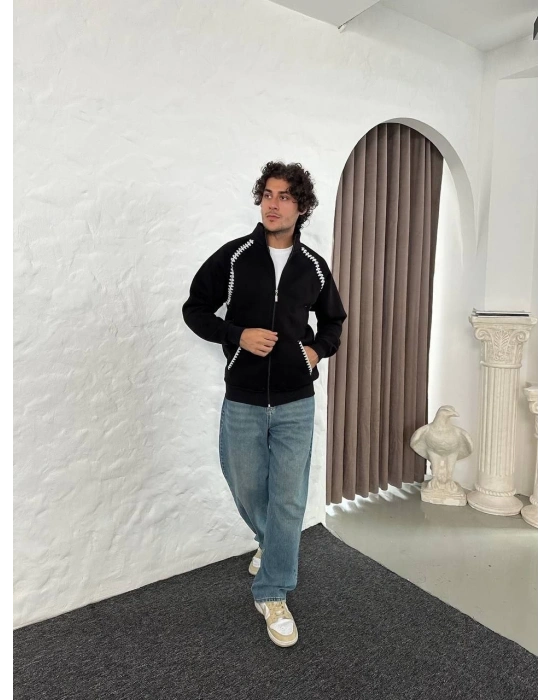 Oversize Dik Yaka Fermuarlı Sweatshirt - Zincir Nakışli Kanguru Cepli - Siyah -