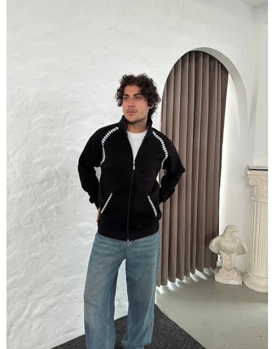 Oversize Dik Yaka Fermuarlı Sweatshirt - Zincir Nakışli Kanguru Cepli - Siyah -