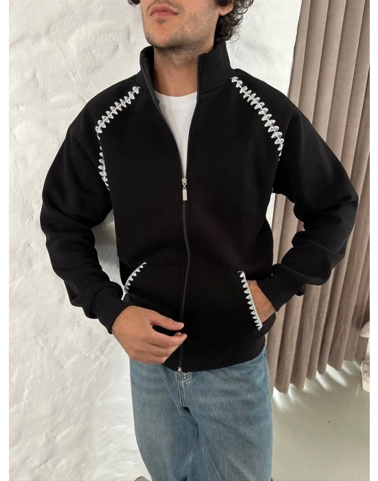 Oversize Dik Yaka Fermuarlı Sweatshirt - Zincir Nakışli Kanguru Cepli - Siyah -