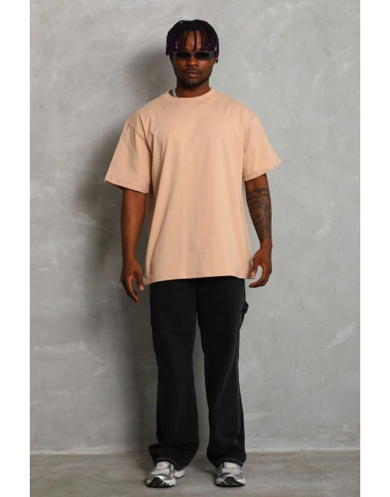 Oversize Düz Bisiklet Yaka T-Shirt - Bej -