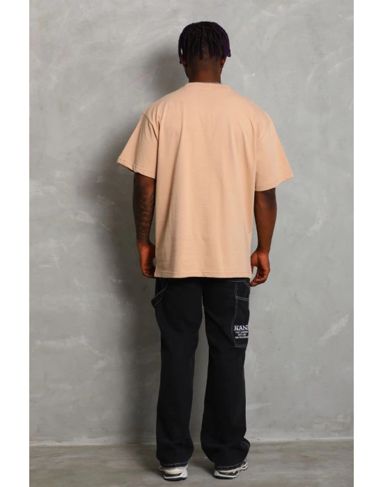 Oversize Düz Bisiklet Yaka T-Shirt - Bej -