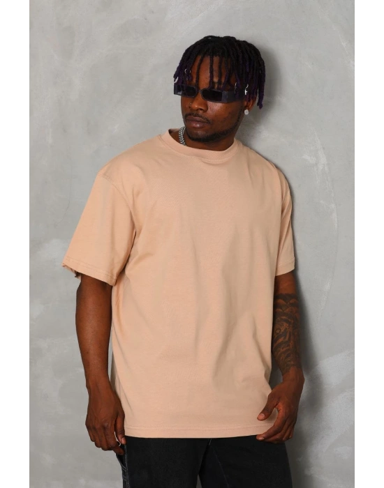 Oversize Düz Bisiklet Yaka T-Shirt - Bej -
