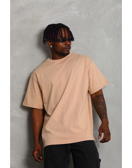 Oversize Düz Bisiklet Yaka T-Shirt - Bej -