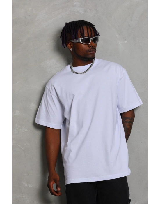 Oversize Düz Bisiklet Yaka T-Shirt - Beyaz -