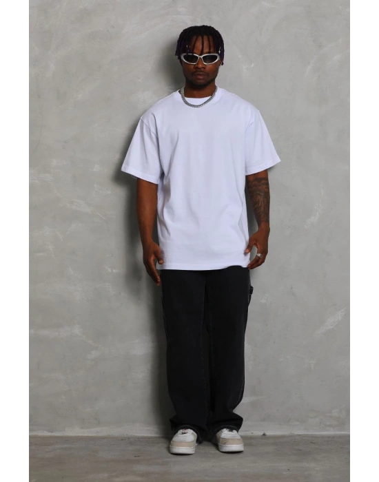 Oversize Düz Bisiklet Yaka T-Shirt - Beyaz -