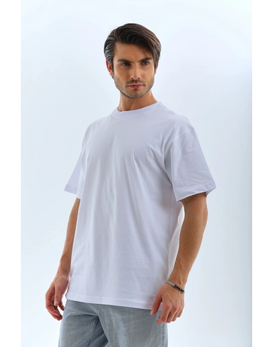 Oversize Düz Bisiklet Yaka T-Shirt - Beyaz