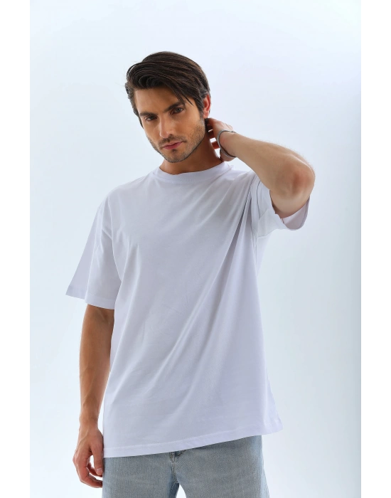 Oversize Düz Bisiklet Yaka T-Shirt - Beyaz